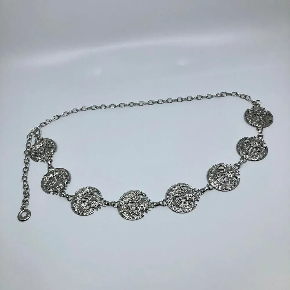Vintage Y2K Celestial Silver Sun and Moon Chain Belt, 19.5–39 Inches, X7GA1149